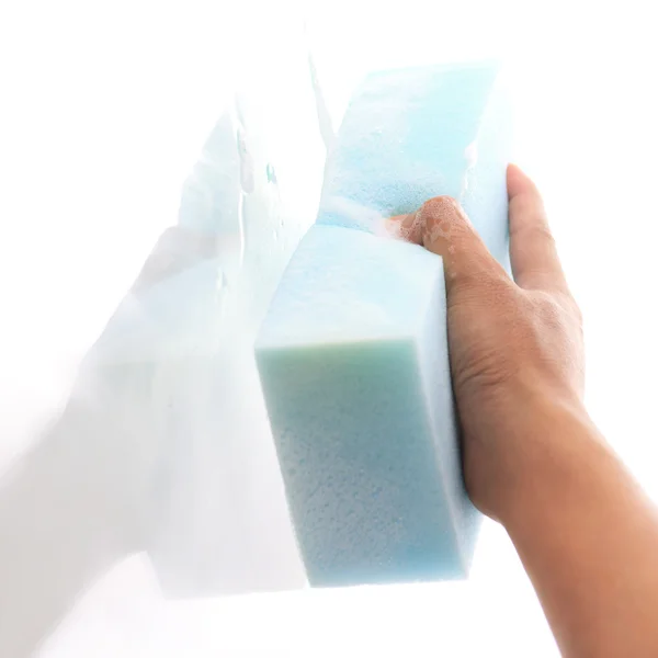 Venster schoner met een blauwe spons — Stockfoto