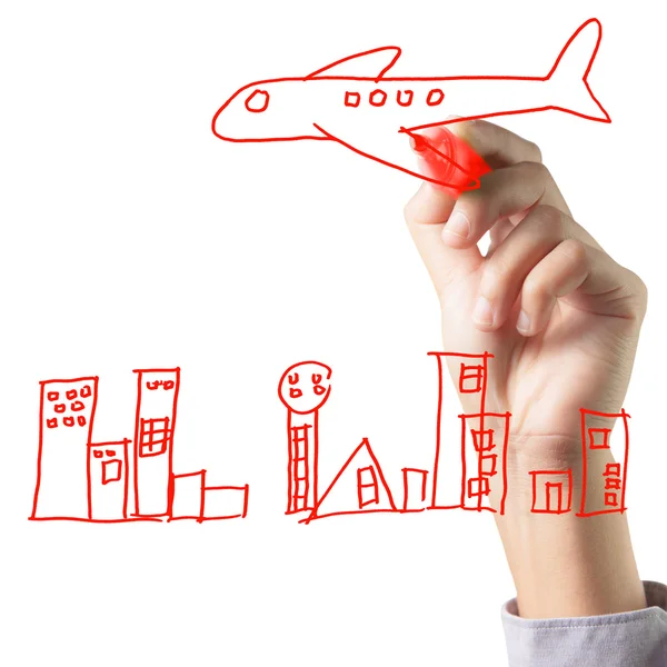 Hand drawing airplanes and the city — Stock Photo, Image