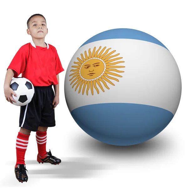 Child soccer player with Argentina ball — Stock Photo, Image