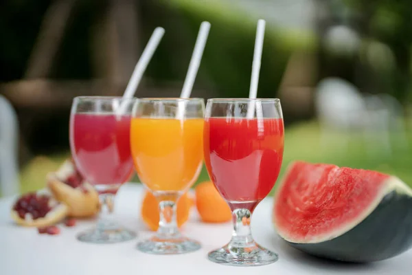 Orangensaft Granatapfelsaft Und Wassermelonensaft Vor Natürlichem Hintergrund Garten — Stockfoto