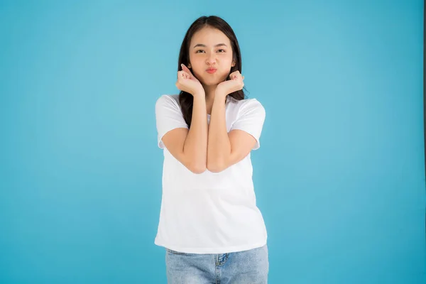 Beautiful Asian Woman Standing Doing Various Poses Blue Background Happy — Stock Photo, Image