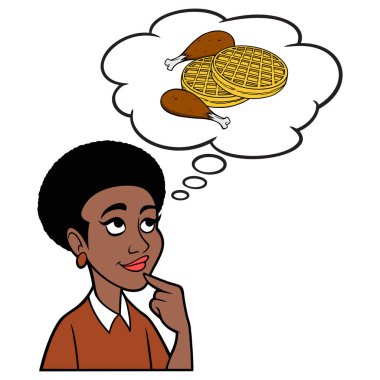 Tavuk ve Waffle 'ı düşünen bir kadın, kahvaltıda tavuk ve waffle yemeyi düşünen bir kadının karikatür çizimi..
