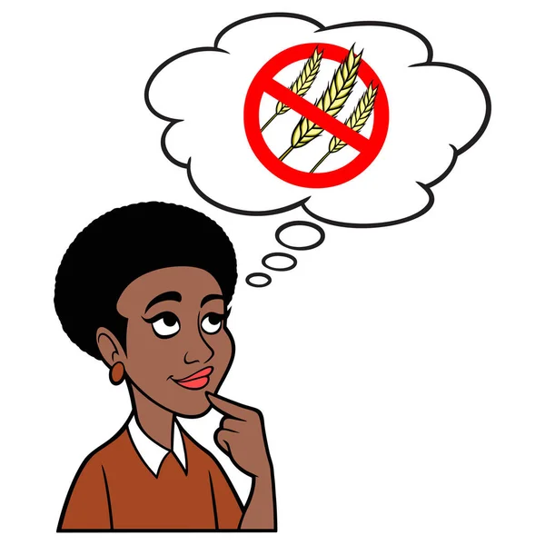 Woman thinking about a Gluten Free Diet - A cartoon illustration of a woman thinking about a Gluten Free Diet for health.