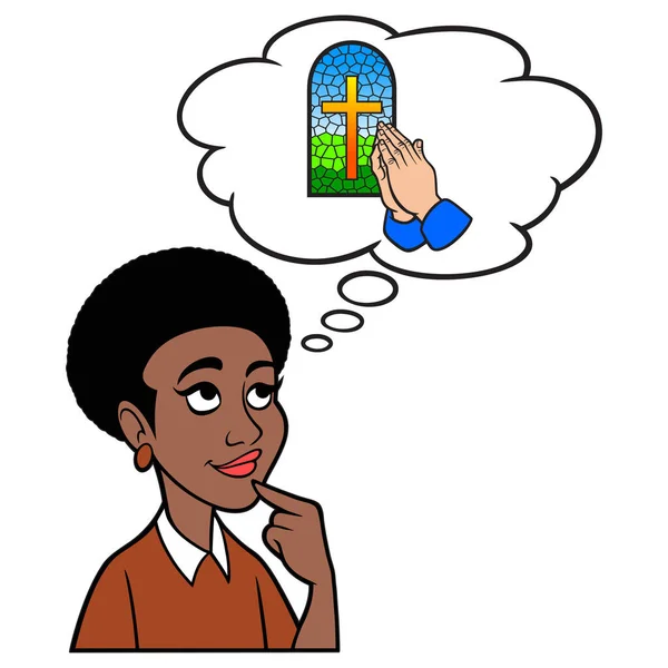 Black Woman Thinking Church Een Cartoon Illustratie Van Een Zwarte — Stockvector