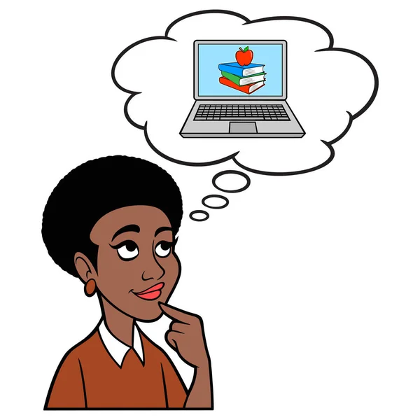 距離教育について考える黒人女性 距離教育について考える黒人女性の漫画のイラスト — ストックベクタ