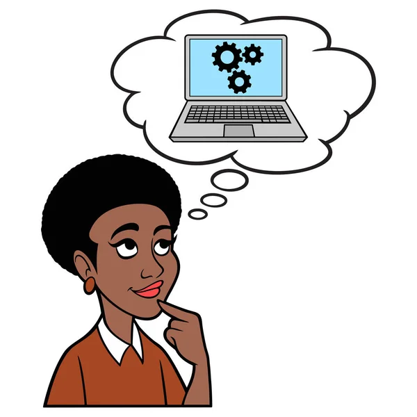 Mulher Negra Pensando Computador Uma Ilustração Dos Desenhos Animados Uma — Vetor de Stock