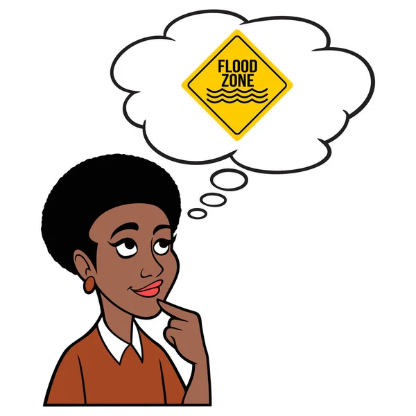 Flash Flood Warning Signについて考える黒人女性 Flash Flood Warning Signについて考える黒人女性の漫画イラスト — ストックベクタ