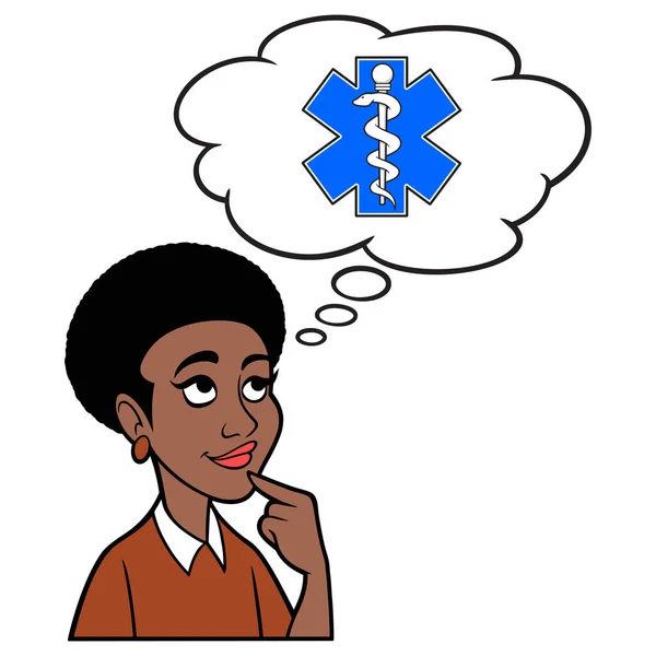 Black Woman Pensando Assicurazione Sanitaria Cartone Animato Illustrazione Una Donna — Vettoriale Stock