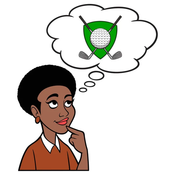 Black Woman Denken Een Golf Toernooi Een Cartoon Illustratie Van — Stockvector