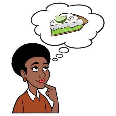 Key Lime Pie 'ı düşünen siyah bir kadın, bir dilim Key Lime Pie' ı düşünen siyah bir kadının karikatür çizimi..