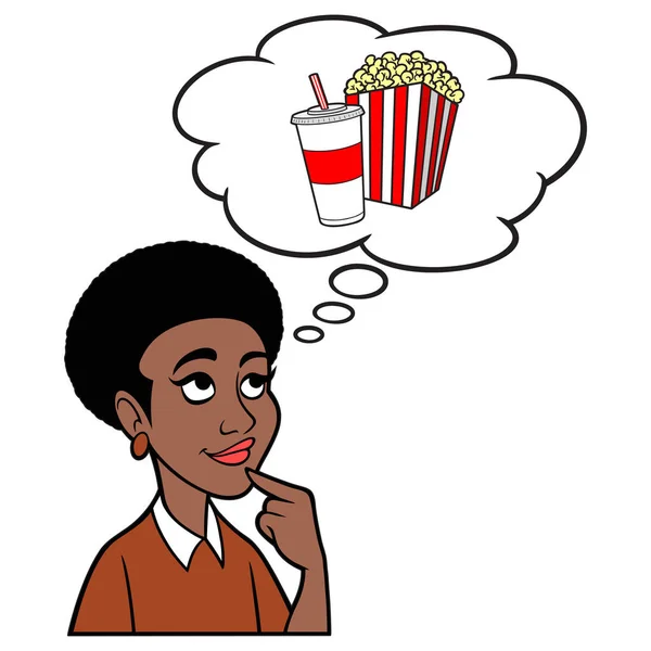 黑人妇女在想爆米花和苏达 一个关于黑人妇女在想一盒爆米花和苏达的卡通画 — 图库矢量图片