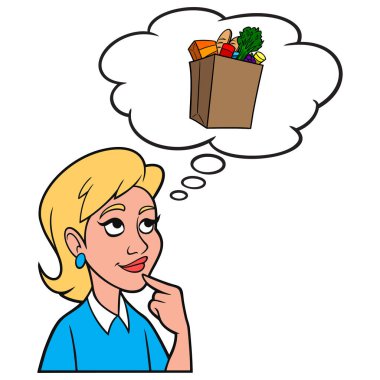 Girl thinking about Groceries - A cartoon illustration of a Girl thinking about the rising cost of Groceries.