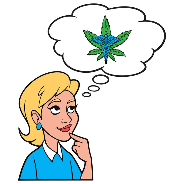 思考医学大麻的女孩 一个关于使用医学大麻的女孩的卡通画 — 图库矢量图片