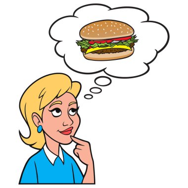 Girl thinking about a Hamburger - A cartoon illustration of a Girl thinking about eating a Hamburger.