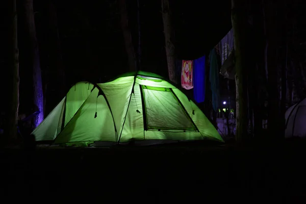 Illuminated Tourist Tent Summer Camp Night Glowing Camping Tent Wood — Stock Photo, Image