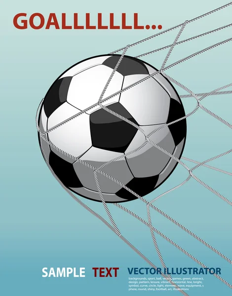 Bola de futebol na rede de golos no fundo azul . — Vetor de Stock