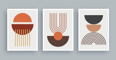 Boho renklerine sahip soyut sanat eserleri. Minimalist modern resim geometrik elementleri.