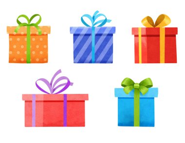 Beyaza izole edilmiş hediye kutuları. Suluboya Noel ve hediye kutularıyla yeni yıl.