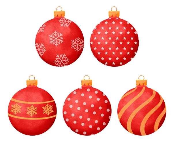 Κόκκινες Χριστουγεννιάτικες Μπάλες Διακόσμηση Στυλ Ακουαρέλα Που Απομονώνονται Λευκό Φόντο — Διανυσματικό Αρχείο