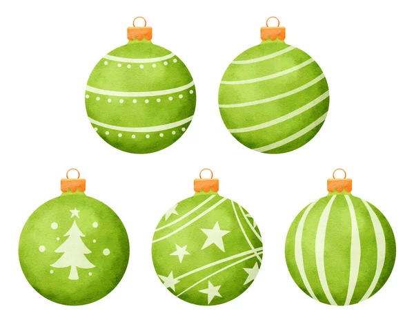 白い背景に隔離された緑のクリスマスボール水彩スタイルの装飾 — ストックベクタ
