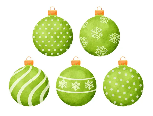 Palline Natale Verde Decorazione Stile Acquerello Isolato Sfondo Bianco — Vettoriale Stock