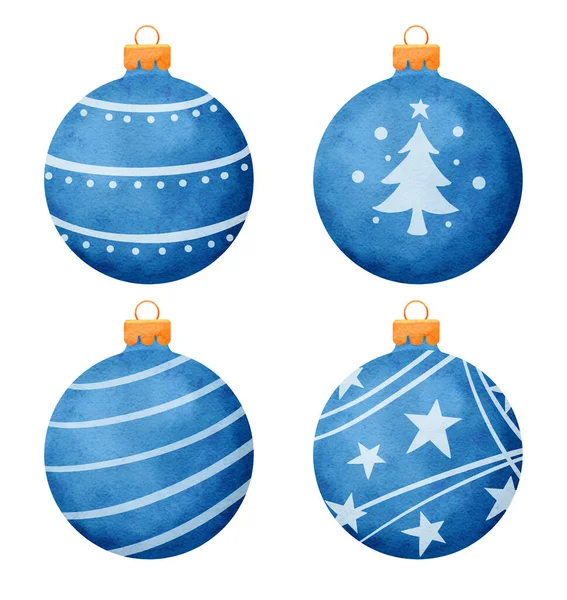 Blue Christmas Kulki Akwarela Styl Dekoracji Izolowane Białym Tle — Wektor stockowy