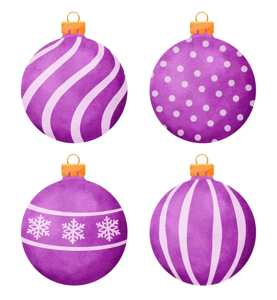 Paarse Kerstballen Aquarel Stijl Decoratie Geïsoleerd Witte Achtergrond — Stockvector