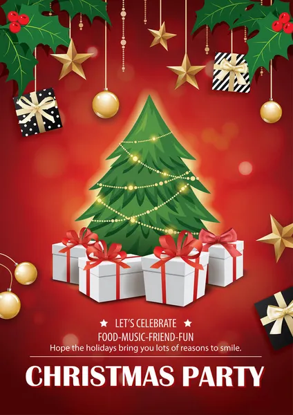 Meghívó Boldog Karácsonyt Piros Party Plakát Banner Kártya Design Sablon — Stock Vector
