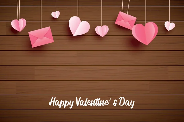 Valentine Day Hanging Heart Wooden Background Typography Happy Valentine Day — ストックベクタ