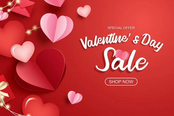 Valentines Day Sale Banner Template Heart Text Red Background — Stock Vector