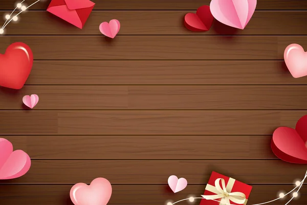 Glücklicher Valentinstag Mit Papierherzen Und Kopierraum Auf Holzgrund — Stockvektor