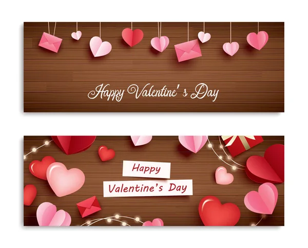 Valentine Day Banner Heart Wooden Background Typography Happy Valentine Day — Stock Vector