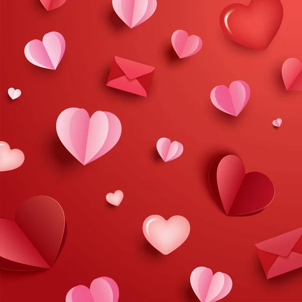 Щасливі Валентинки День Паперовими Серцями Копіювати Простір Червоному Тлі — стоковий вектор