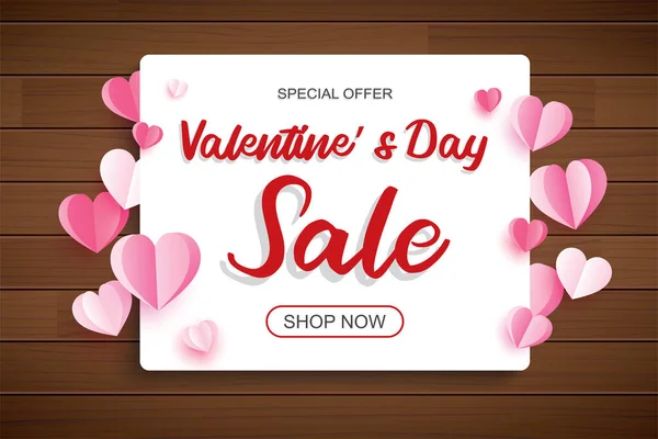 Valentines Day Sale Banner Template Heart Text Wood Background — Stock Vector