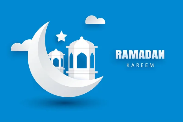 Ramadan Kareem Greeting Card Moon Stars Traditional Lanterns Background Eid — Stock Vector