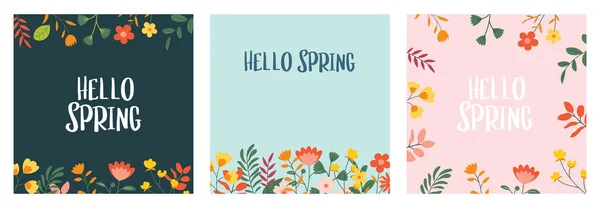 カラフルな花とこんにちは春のバナーの背景テンプレート ソーシャルメディアカードを使用することができます バウチャー チラシ 招待状 ポスター パンフレット — ストックベクタ