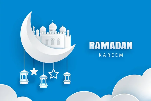 Ramadan Kareem Biglietto Auguri Luna Stelle Lanterne Tradizionali Sfondo Eid — Vettoriale Stock