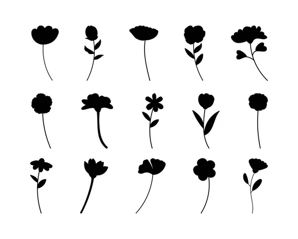 Conjunto Silueta Rama Floral Mano Dibujada Con Hojas Flores Sobre — Archivo Imágenes Vectoriales
