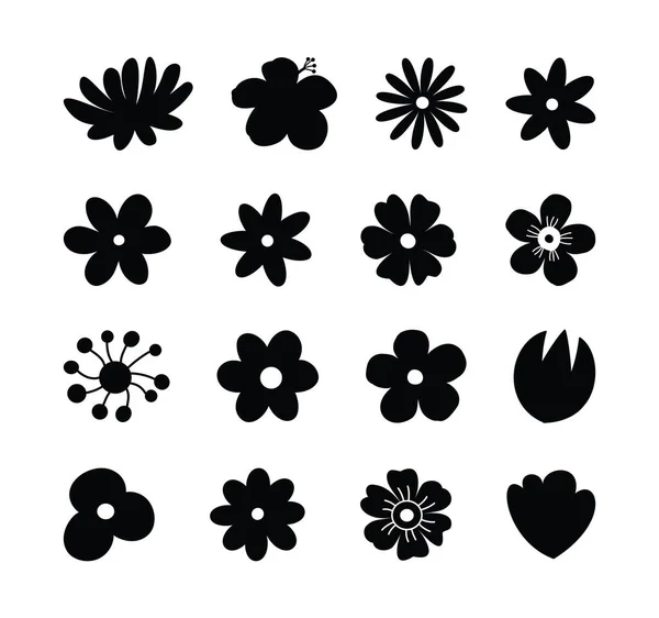 Conjunto Silhuetas Florais Mão Desenhada Com Folhas Flores Sobre Fundo — Vetor de Stock