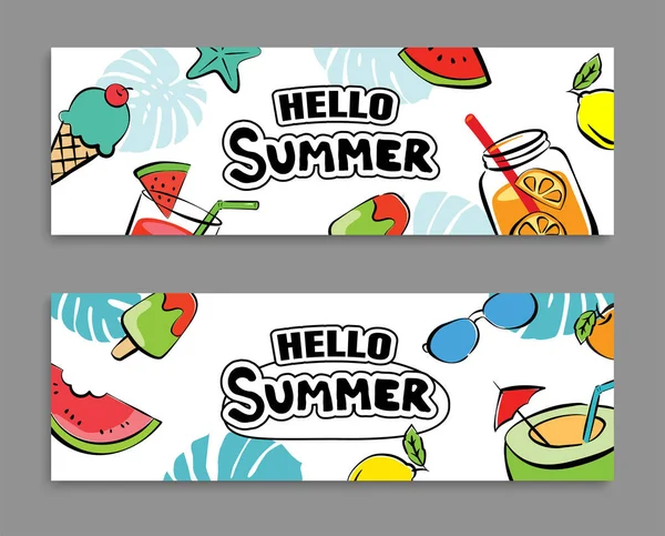 Hola Verano Banners Diseño Dibujado Mano Estilo Verano Con Garabatos — Vector de stock