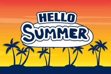 Merhaba yaz tropikal plaj arka planında palmiye ağaçları, deniz manzarası gün doğumu ve gün batımı.