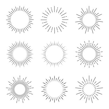 Bir dizi güneş ışınları arka planı. Yaz elementi için güneş patlaması simgeleri ayarlandı.