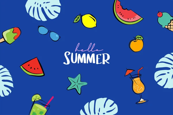 Hello Summer Дизайнеры Рисуют Вручную Лето Лапшой Элементами Пляжной Вечеринки — стоковый вектор