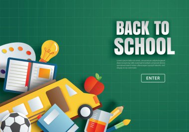 Kağıt sanatı tarzında yeşil karatahta geçmişi ile ilgili eğitim öğeleriyle okula geri dön.