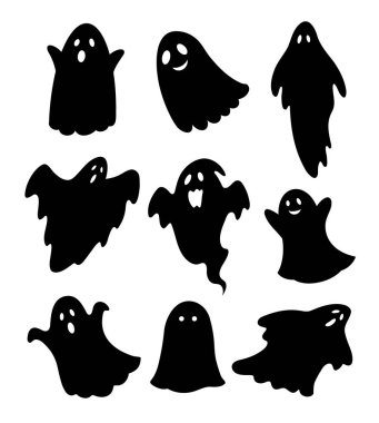 Halloween ghosts hand drawn cartoon set. Ghosts silhouettes flying on white background.