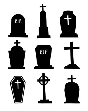 Set of tombstones for halloween objects. Graveyard hand drawn silhouettes on white background.