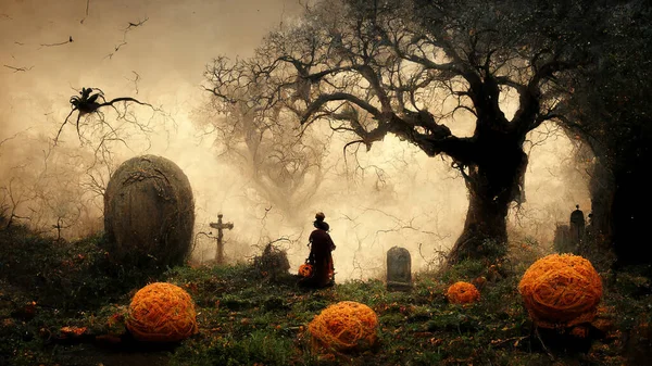 Halloween Background Spooky Forest Pumpkin Graveyard — Photo