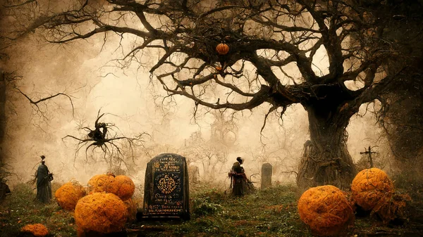 Halloween Background Spooky Forest Pumpkin Graveyard — Foto de Stock