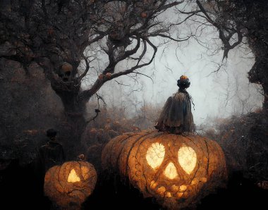 Halloween background. Spooky forest pumpkin in graveyard.