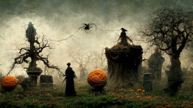 Halloween background. Spooky forest pumpkin in graveyard.v